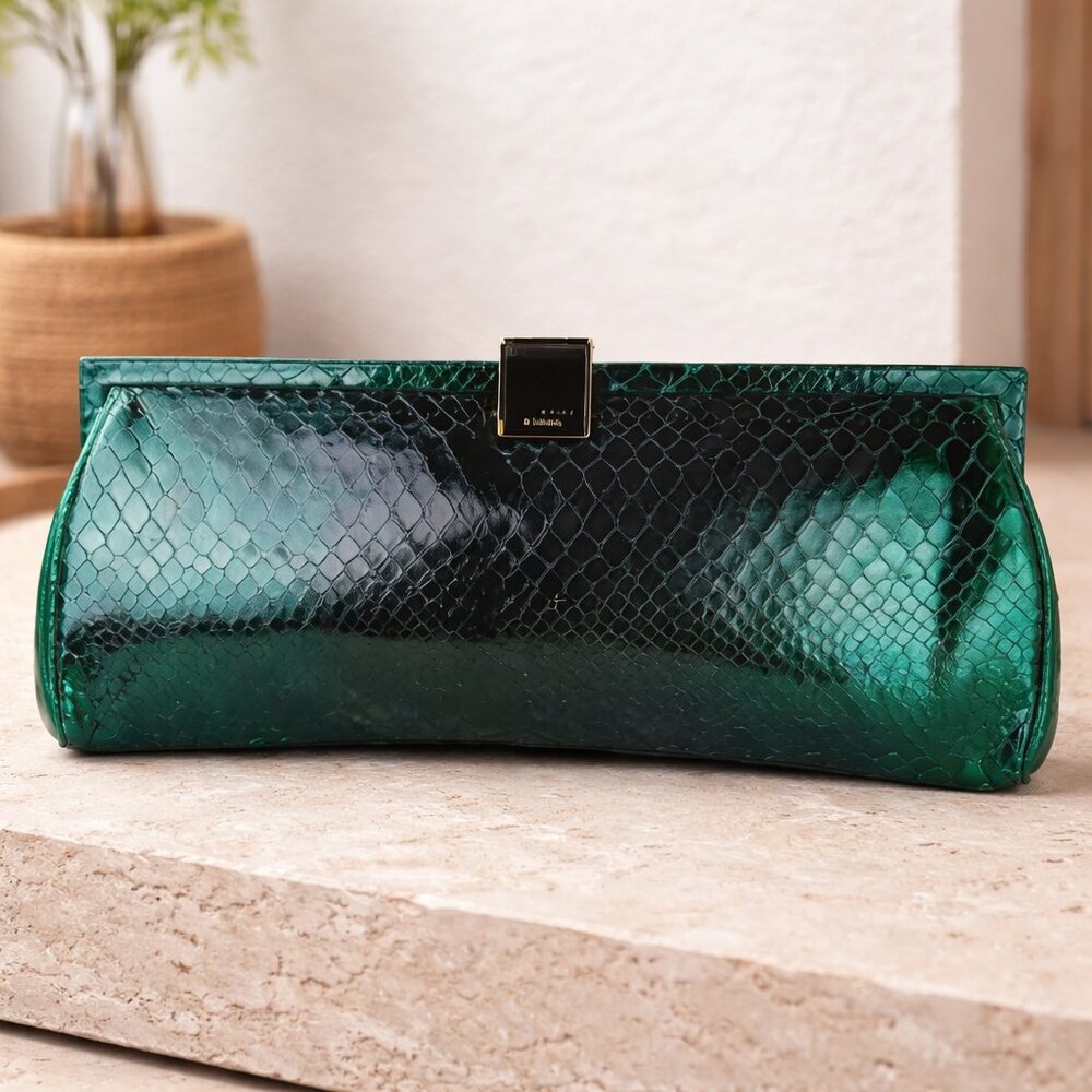 Lodis Emerald Green Snakeskin-Embossed Clutch Purse